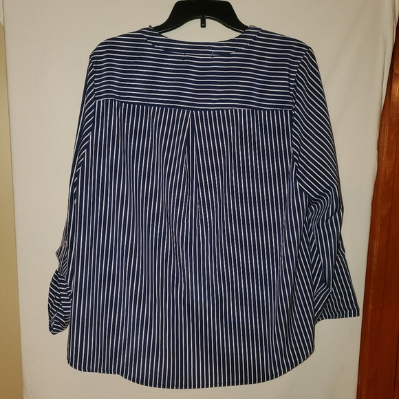 Notations Woman Roll Tab Sleeve Striped Button Down, Size: 1X, Navy & White - Picture 8 of 12